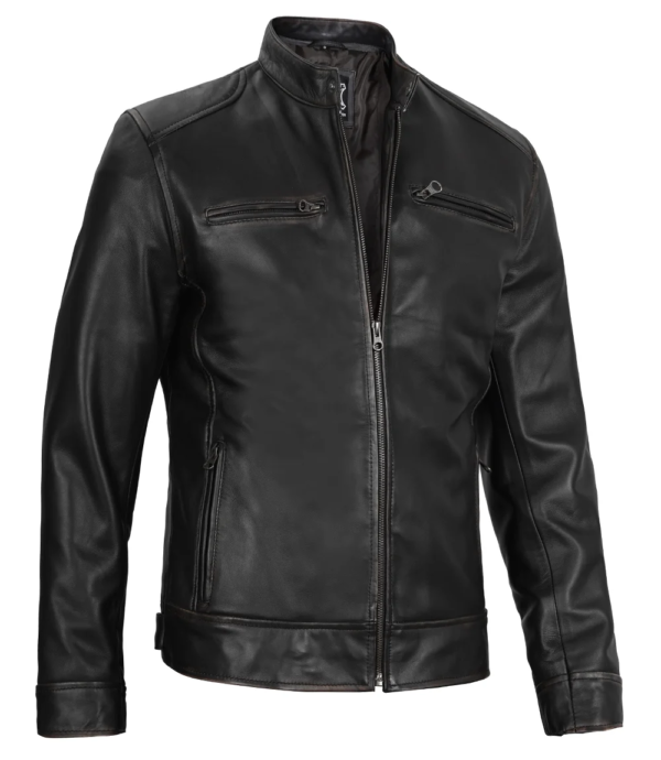 Dodge Black Mens Leather Racer Jacket - Image 3