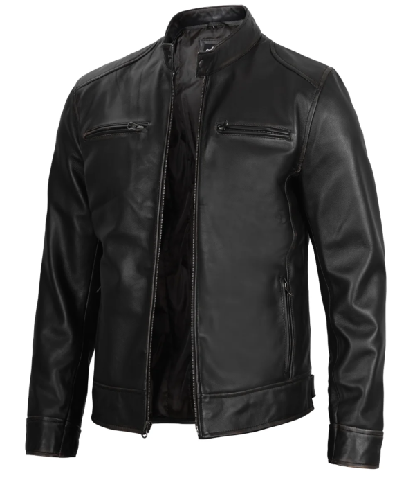 Dodge Black Mens Leather Racer Jacket - Image 4