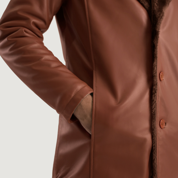 Cinnamon Brown Leather Fur Coat - Image 4