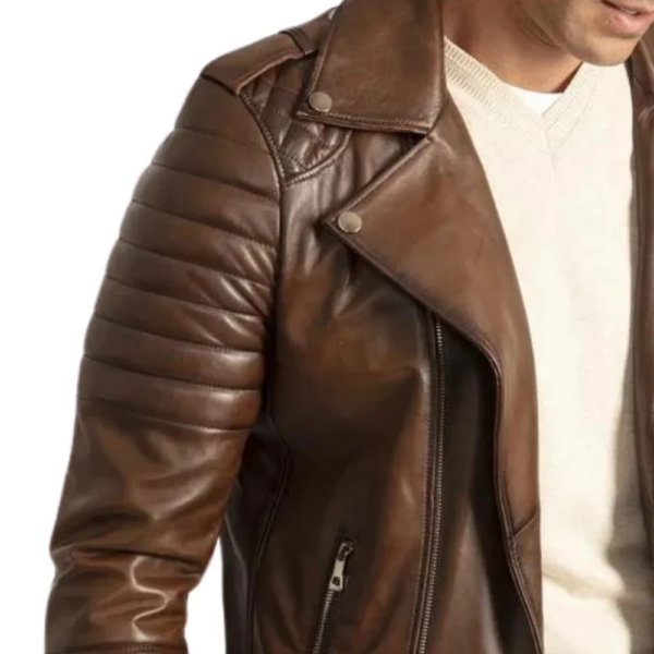 Mens Distressed Brown Leather Motorcycle Jacket - Image 2