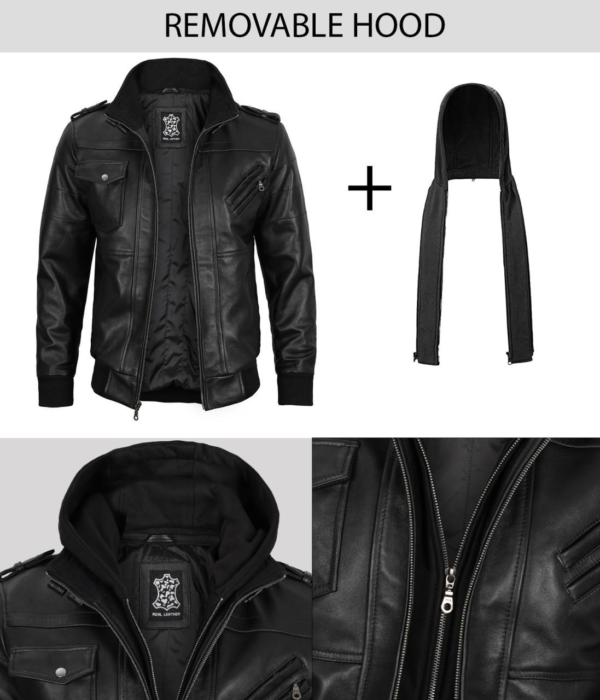 Edinburgh Mens Black Leather Jacket with Removable Hood - Image 3