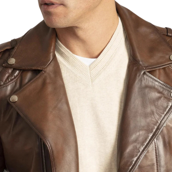 Mens Distressed Brown Leather Motorcycle Jacket - Image 4