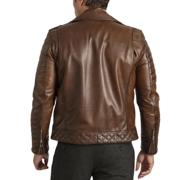 Mens Distressed Brown Leather Motorcycle Jacket - Image 5