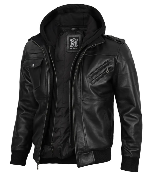 Edinburgh Mens Black Leather Jacket with Removable Hood