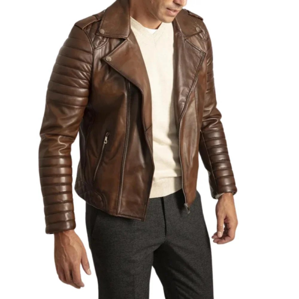 Mens Distressed Brown Leather Motorcycle Jacket - Image 3