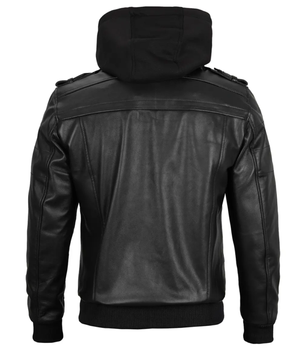 Edinburgh Mens Black Leather Jacket with Removable Hood - Image 2