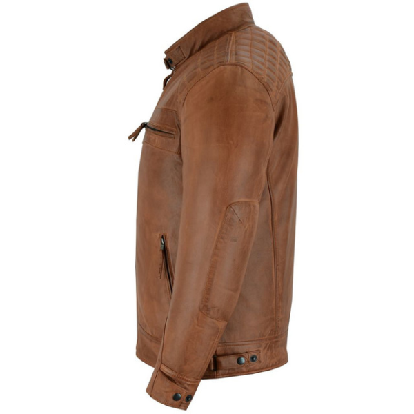 Mens Cafe Racer Waxed Lambskin Austin Brown Motorcycle Leather Jacket - Image 3