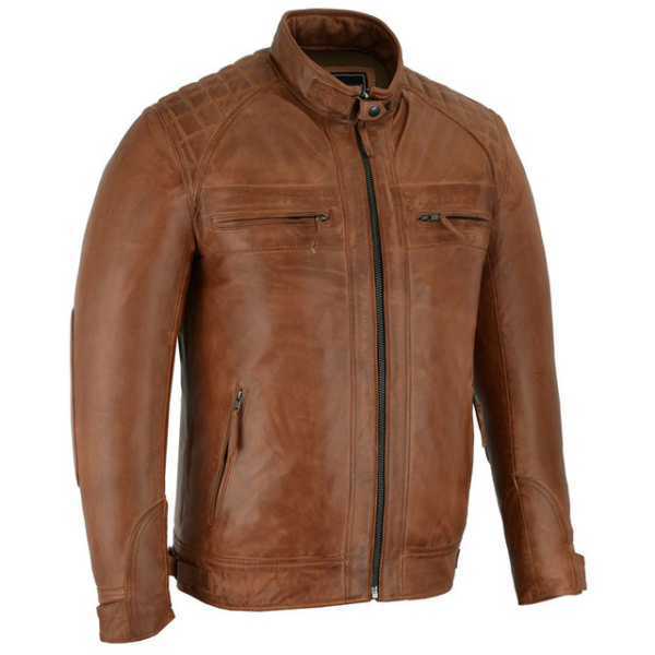 Mens Cafe Racer Waxed Lambskin Austin Brown Motorcycle Leather Jacket - Image 2