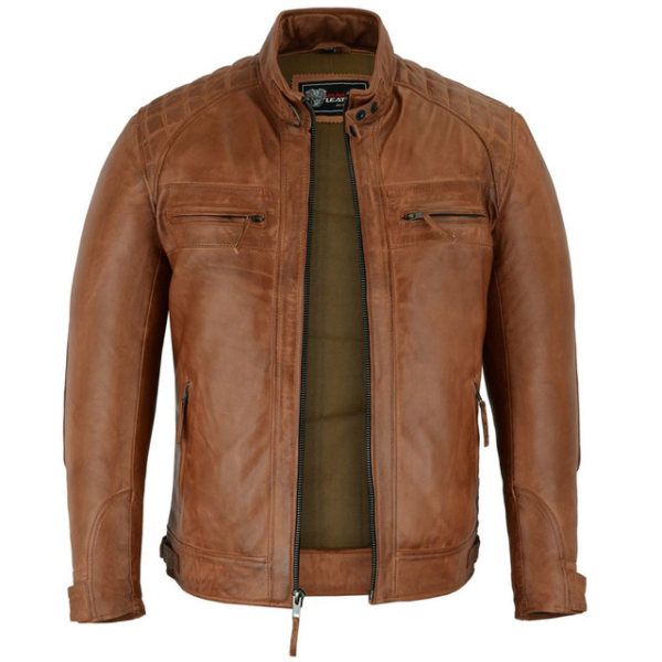 Mens Cafe Racer Waxed Lambskin Austin Brown Motorcycle Leather Jacket