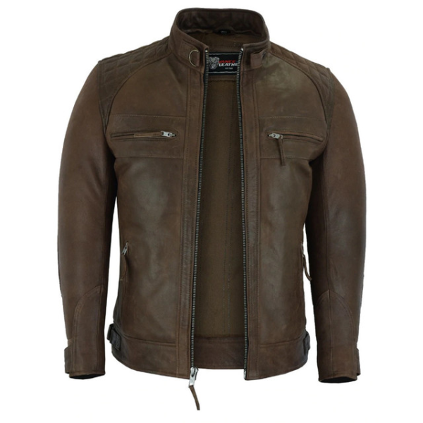 Mens Cafe Racer Waxed Lambskin Chocolate Brown Motorcycle Leather Jacket