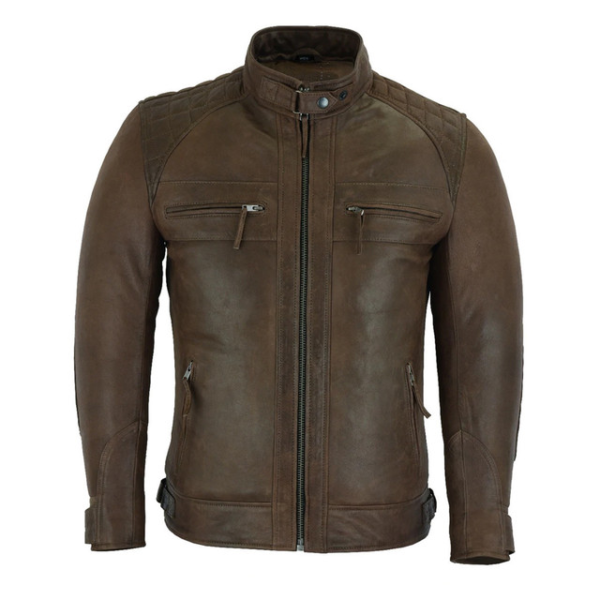 Mens Cafe Racer Waxed Lambskin Chocolate Brown Motorcycle Leather Jacket - Image 2