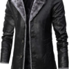Men's Faux Pu Leather Jacket Fleece Sherpa Lined Long Trench Coats Heavyweight Button Up Fur Collar Motorbike Jacket