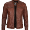 Mens Cognac Waxed Cafe Racer Biker Style Leather Jacket