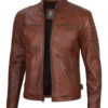 Mens Cognac Waxed Cafe Racer Biker Style Leather Jacket - Image 2