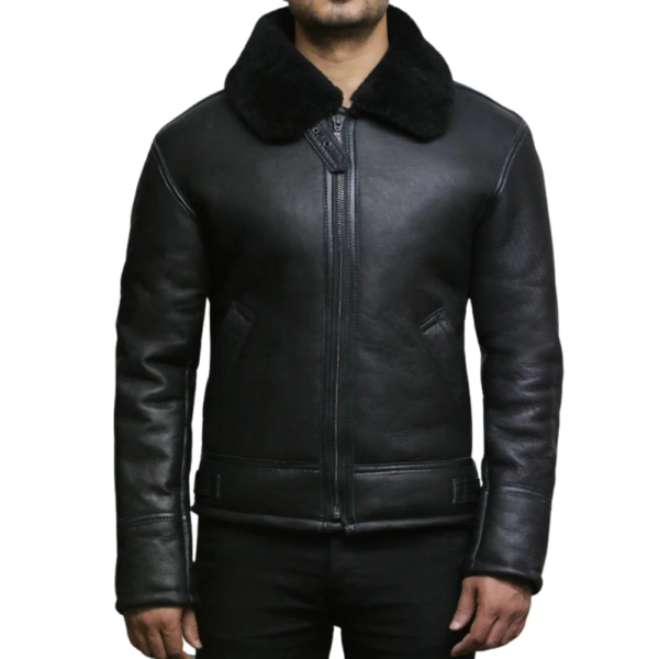 Men’s Sheepskin Fur Shearling Black Leather Jacket - Image 2