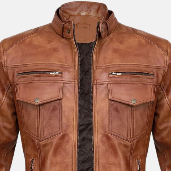 Mens Vintage Cafe Racer Brown Leather Jacket - Image 2