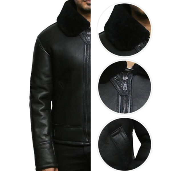 Men’s Sheepskin Fur Shearling Black Leather Jacket - Image 3