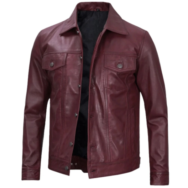 Mens Trucker Maroon Leather Jacket - Image 2