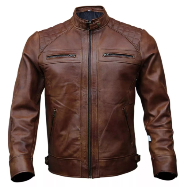 Cafe Race Brown Leather Jacket Men's Genuine Lambskin Leather Moto Biker Jacket