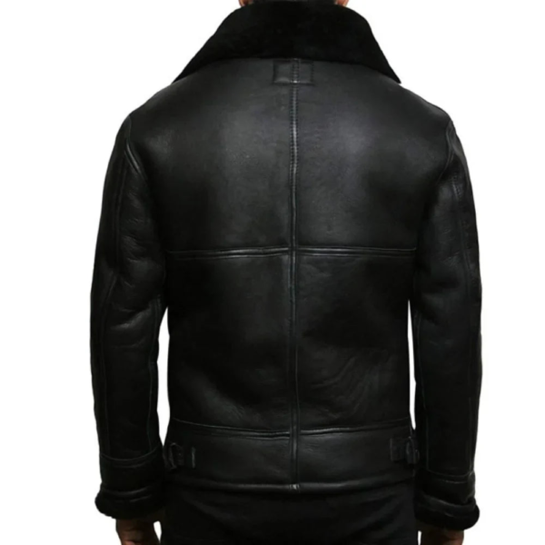 Men’s Sheepskin Fur Shearling Black Leather Jacket - Image 4